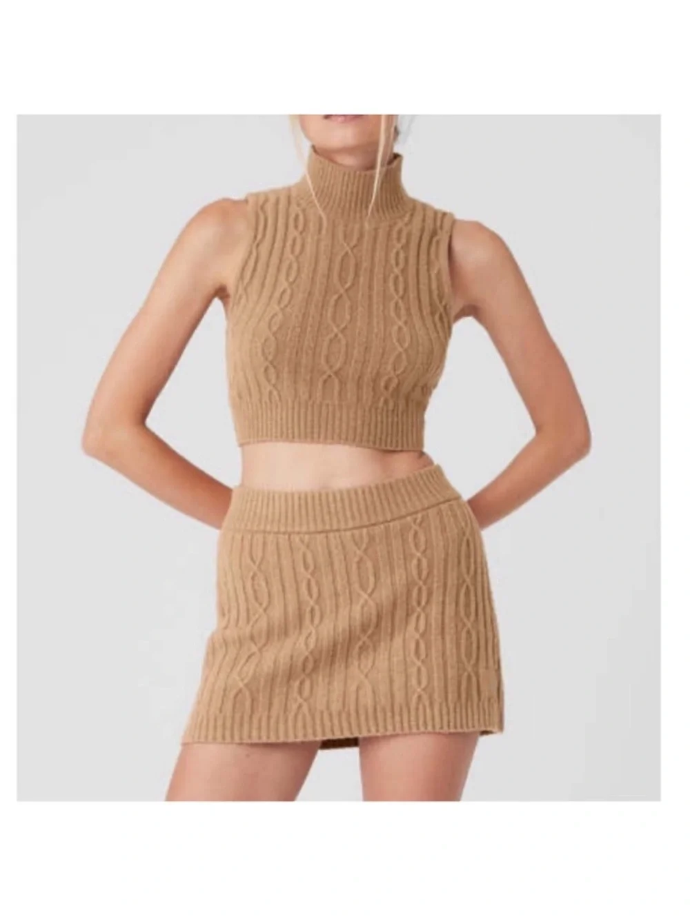 Alo Yoga Camel Cable Knit Camel Two-Piece Sleeveless Crop Top & Mini Skirt